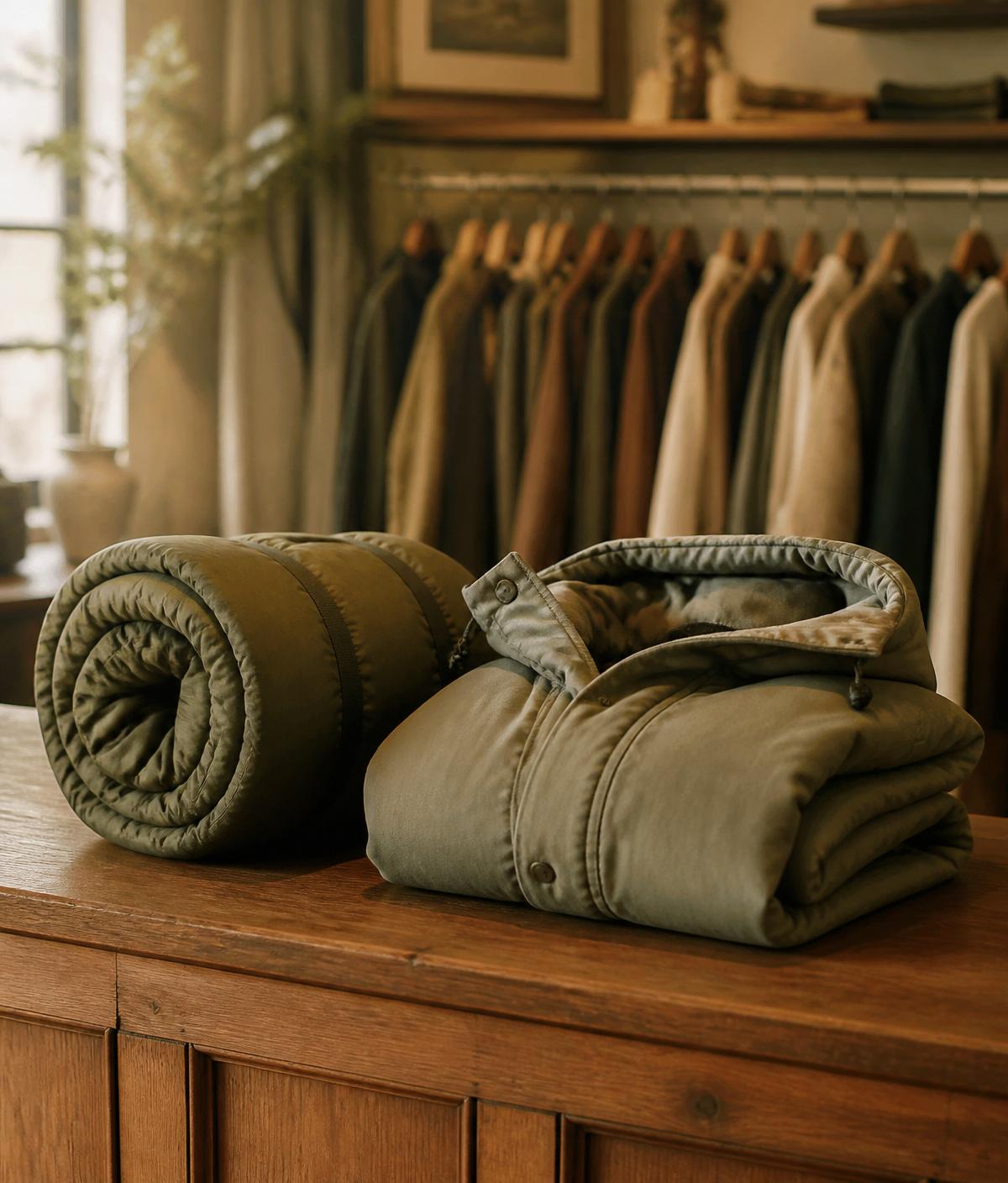 Rolled sleeping bag and folded parka on a wooden shop counter