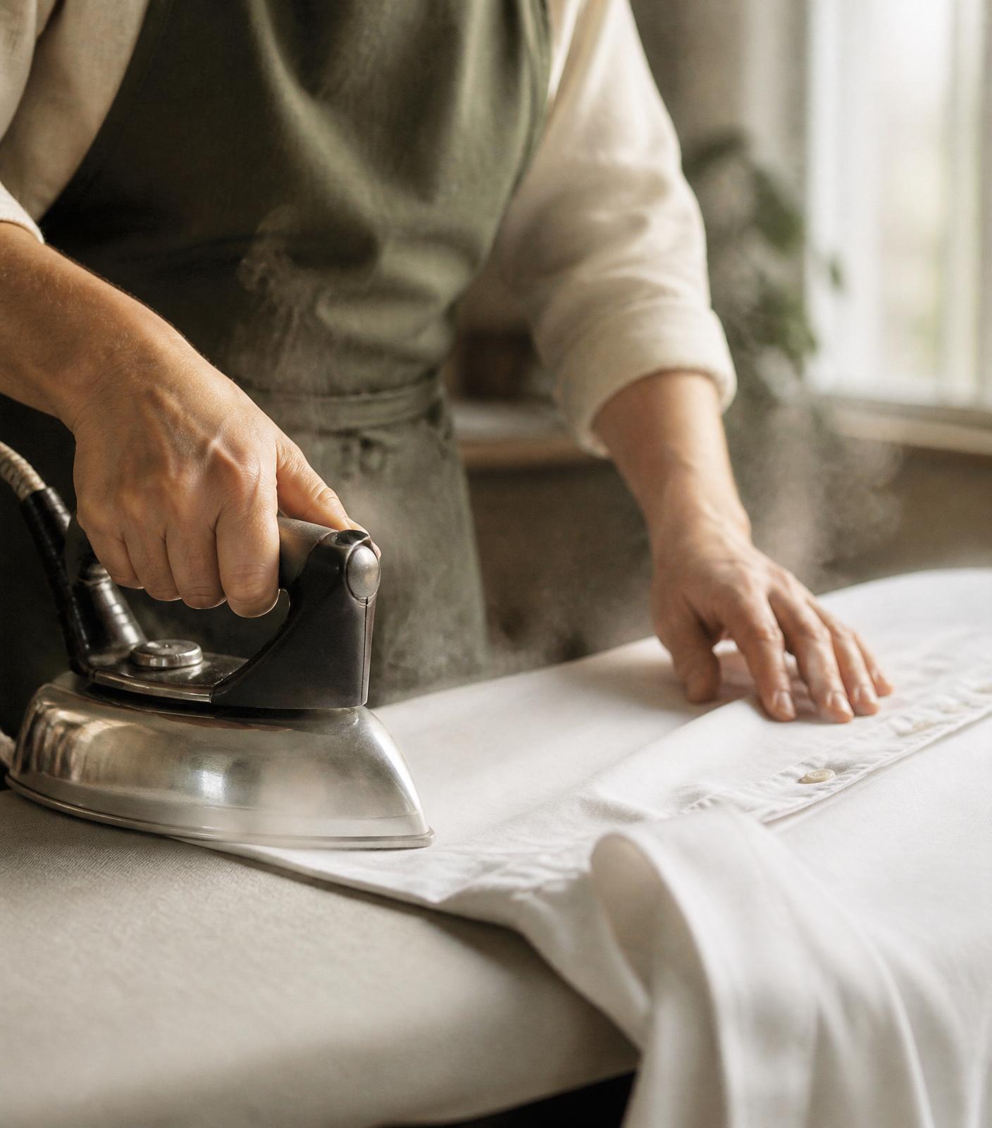 Hands steam-pressing a white dress shirt